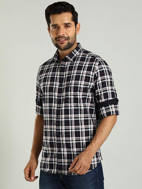 Indian Terrain Men's Regular Fit Full Sleeve Checkered Navy Shirt